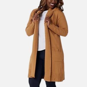 Isaac Mizrahi Live! Long Cardigan Sweater w/Notch Collar & Pockets. Toffee Brown